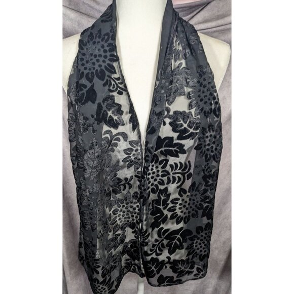 Gothic Floral Black  Velvet Burnout Scarf - Picture 5 of 8